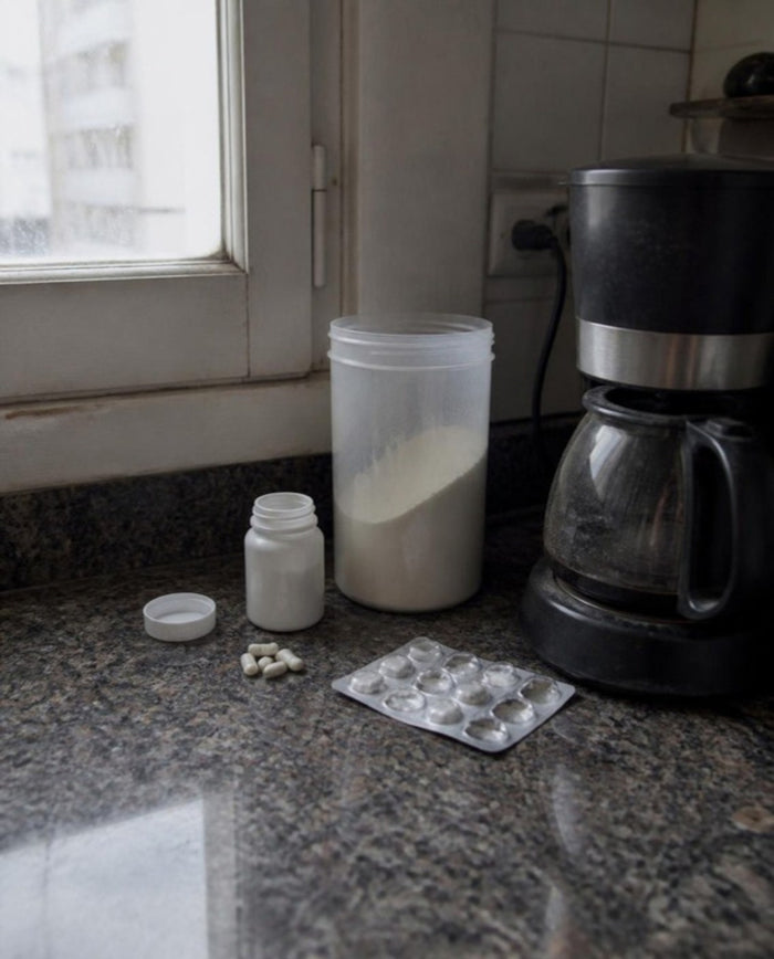 Frascos de suplementos abandonados en la mesada